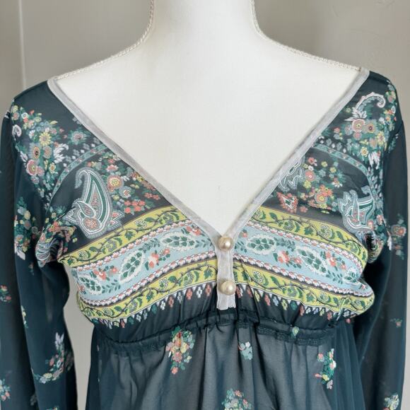 Boho Sheer Floral Tiered Mini Dress Deep V-Neck Long Sleeve XS/S Green Paisley - Picture 3 of 7